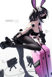  animal_ears arms_note ass black_gloves black_hair black_leotard black_pantyhose blue_eyes blue_hair breasts claymore_(mine) ear_piercing explosive fake_animal_ears female from_side fukai_ryosuke full_body gloves gun heterochromia highres leotard long_hair looking_at_viewer mask medium_breasts mine_(weapon) mine_laying_maid mouth_mask multicolored_hair pantyhose piercing pink_eyes pink_hair platform_footwear platform_heels playboy_bunny rolling_suitcase shoes sideboob single_shoe solo streaked_hair submachine_gun suitcase weapon white_background 