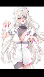  ahoge alternate_costume animal_ears bandaged_arm bandaged_neck bandages black_nails blood blood_on_clothes blood_on_hands blush breasts button_gap cleavage colored_skin commentary cowboy_shot dress ear_piercing fangs female grey_eyes grey_skin hair_between_eyes hair_intakes hat highres hololive large_breasts letterboxed lion_ears long_hair looking_at_viewer multicolored_skin nail_polish nerorigogo no_bra nurse nurse_cap open_mouth outstretched_arms partially_unbuttoned patchwork_skin piercing purple_blood shishiro_botan short_dress simple_background smile solo standing teeth upper_teeth_only very_long_hair virtual_youtuber white_background white_dress white_hair white_hat zombie zombie_pose 