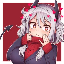  :&lt; black_jacket breasts commentary demon_horns demon_tail english_commentary female grey_hair hands_up heart heart-shaped_pupils helltaker horns jacket large_breasts long_sleeves looking_at_viewer modeus_(helltaker) red_eyes short_hair solo symbol-shaped_pupils tail upper_body wool_(miwol) 