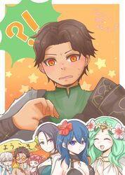  !? 3boys 4girls ashe_ubert ashe_ubert_(summer) bikini black_bikini black_one-piece_swimsuit brown_hair byleth_(female)_(fire_emblem) byleth_(female)_(summer)_(fire_emblem) byleth_(fire_emblem) claude_von_riegan claude_von_riegan_(summer) cyril_(fire_emblem) dark-skinned_male dark_skin fire_emblem fire_emblem:_three_houses fire_emblem_heroes green_hair highres hilda_valentine_goneril hilda_valentine_goneril_(summer) looking_at_viewer multiple_boys multiple_girls official_alternate_costume one-piece_swimsuit pink_bikini pink_hair rhea_(fire_emblem) rhea_(summer)_(fire_emblem) shamir_nevrand shamir_nevrand_(summer) surprised swimsuit white_bikini yuurifeh 