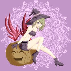  bare_shoulders blue_eyes breath_of_fire breath_of_fire_v closed_mouth earrings female full_body gloves halloween hat jack-o&#039;-lantern jewelry looking_at_viewer medium_hair nina_(breath_of_fire_v) purple_gloves red_wings satori_ill shorts smile solo wings witch_hat 