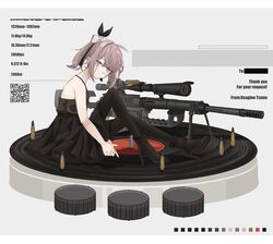  artist_name bare_arms bare_shoulders black_dress black_footwear black_pantyhose bolt_action boots brown_hair bullet cheytac_m200 color_guide commentary_request commission dress female from_side girls&#039;_frontline grey_background gun hair_between_eyes high_heel_boots high_heels highres hugging_own_legs knees_up looking_at_viewer looking_to_the_side m200_(girls&#039;_frontline) m200_(war_correspondent)_(girls&#039;_frontline) name_connection object_namesake pantyhose partial_commentary ponytail purple_eyes qr_code rabb_horn rifle scope simple_background sitting skeb_commission sleeveless sleeveless_dress sniper_rifle solo thank_you weapon 