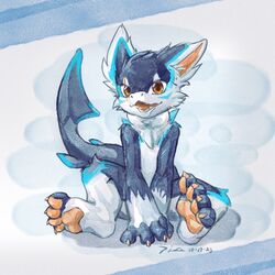  1:1 anthro barefoot blue_body chest_tuft feet fingers fish fishy_fizz fur looking_at_viewer male marine nude open_mouth orange_eyes pawpads paws shark simple_background sitting smile solo tail toes tuft 