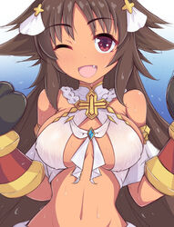  absurdres breasts brown_hair commentary_request cosplay dark_skin female hair_flaps highres kaori_(princess_connect!) kuroha_koudai large_breasts long_hair navel oerba_yun_fang one_eye_closed princess_connect! red_eyes smile solo tan very_long_hair yui_(ceremonial)_(princess_connect!) yui_(princess_connect!) yui_(princess_connect!)_(cosplay) 