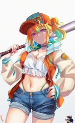  2girls absurdres baseball_bat baseball_cap breasts cheering choker cleavage closed_mouth collarbone cowboy_shot denim denim_shorts green_choker hand_on_own_hip hat highres holding holding_baseball_bat hololive hololive_english hood hooded_jacket jacket medium_breasts midriff miku_(mikururun) multicolored_hair multiple_girls navel nerissa_ravencroft orange_hair panty_straps purple_eyes short_shorts shorts smile solo_focus stomach streaked_hair takanashi_kiara takanashi_kiara_(casual) virtual_youtuber 