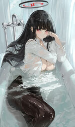  bathing bathtub black_hair blue_archive blunt_bangs blush breasts brown_pantyhose cleavage dema_hmw female halo highres large_breasts long_hair long_sleeves looking_at_viewer open_clothes open_shirt pantyhose red_eyes rio_(blue_archive) shirt solo thighs water wet wet_clothes white_shirt 