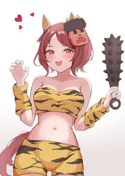  animal_ears bare_shoulders blush bob_cut breasts brown_hair claw_pose club_(weapon) collarbone commentary_request detached_sleeves ear_covers elbow_sleeve female fingernails flower_in_eye forehead hands_up heart hojichabu holding holding_weapon horse_ears horse_girl horse_tail looking_at_viewer mask medium_breasts midriff navel oni_costume oni_mask open_mouth pants parted_bangs partial_commentary pink_eyes sakura_laurel_(oni_laurel)_(umamusume) sakura_laurel_(umamusume) short_hair simple_background smile solo spiked_club stomach strapless symbol-shaped_pupils symbol_in_eye tail tube_top umamusume umamusume:_star_blossom v-shaped_eyebrows weapon white_background yellow_pants yellow_tube_top 