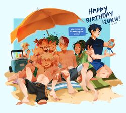  3girls 4boys abs alternate_costume asui_tsuyu bakugou_katsuki barefoot beach beach_towel beach_umbrella black_hair black_male_swimwear black_shirt blonde_hair blue_background blue_eyes blue_shorts boku_no_hero_academia brown_hair burn_scar closed_eyes closed_mouth cooler dated english_text freckles full_body green_eyes green_hair green_shirt hair_bun happy_birthday heart highres hug iida_tenya jewelry long_hair looking_at_another lotion male_swimwear midoriya_izuku miithers multicolored_hair multiple_boys multiple_girls necklace nipples one_eye_closed open_mouth red_eyes red_hair sand scar scar_on_face shirt short_hair shorts simple_background sitting smile speech_bubble split-color_hair sunscreen swim_trunks todoroki_shouto toga_himiko tongue tongue_out topless_male towel umbrella uraraka_ochako v white_hair 