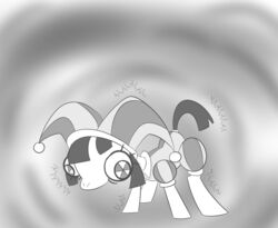  clothing crossover derp_eyes equid equine female feral fool&#039;s_hat glitch_productions greyscale hasbro hat headgear headwear horse jester mammal monochrome my_little_pony no_pupils partlysmith pinwheel_eyes pomni_(tadc) ponification pony solo the_amazing_digital_circus 