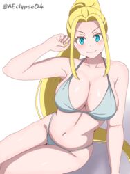  arm_support arm_up beatrix_amerhauser bikini blonde_hair blue_eyes breasts cleavage closed_mouth collarbone eclyart female grey_bikini high_ponytail highres large_breasts long_hair navel sitting smile solo swimsuit twitter_username v-shaped_eyebrows very_long_hair white_background zom_100:_zombie_ni_naru_made_ni_shitai_100_no_koto 