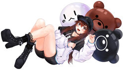  :d absurdres ankimo_(tokino_sora) balloon baseball_cap black_choker black_footwear black_hat black_hoodie black_shorts blush bobby_socks boots brown_hair character_balloon choker commentary cross-laced_footwear dutch_angle english_commentary female fuwanian hair_flaps hat high_heel_boots high_heels highres holding holding_balloon hololive hood hood_down hoodie jewelry lace-up_boots lace_socks long_hair long_sleeves looking_at_viewer necklace nun_nun_(tokino_sora) o-ring o-ring_choker official_alternate_hairstyle open_mouth platform_boots platform_footwear platform_heels short_shorts shorts simple_background smile socks solo star_(symbol) star_necklace tokino_sora tokino_sora_(streetwear) two-tone_hoodie variant_set virtual_youtuber white_background white_hoodie 