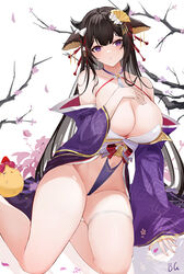  animal_ears azur_lane baige0 bare_shoulders blush breasts brown_hair cleavage cow_ears cow_girl cow_horns female hand_on_own_chest horns japanese_clothes kashino_(azur_lane) kashino_(robust_floral_strings)_(azur_lane) kimono large_breasts long_hair long_sleeves looking_at_viewer official_alternate_costume purple_eyes purple_kimono solo wide_sleeves 