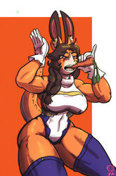  a_yoshikage absurd_res anthro aquilops breasts carrot cavemanon_studios ceratopsian clothed clothing colored cosplay dinosaur extinct fake_ears female food goodbye_volcano_high hi_res my_hero_academia ornithischian plant prehistoric_species reptile rosa_(gvh) rumi_usagiyama scalie simple_background snoot_game solo tail vegetable 