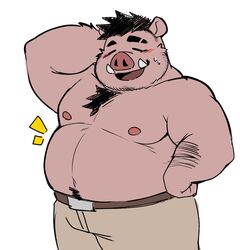  2023 anthro belly big_belly blush bottomwear closed_eyes clothing domestic_pig hi_res kemono male mammal moobs nipples overweight overweight_male pants simple_background solo suid suina sus_(pig) white_background whitebeast20 