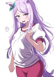  ? alternate_costume animal_ears aqua_bow blush bow breasts collarbone commentary_request cowboy_shot ear_bow female hair_ornament highres horse_ears horse_girl horse_tail itosu200 long_hair looking_at_viewer mejiro_mcqueen_(umamusume) pants purple_eyes purple_hair red_pants short_sleeves shorts simple_background small_breasts solo spoken_question_mark sweat tail tracen_training_uniform track_pants umamusume white_background 