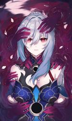  absurdres blue_dress breasts closed_mouth disembodied_hand dress expressionless female grey_hair hair_between_eyes hal_aluha highres honkai:_star_rail honkai_(series) jingliu_(honkai:_star_rail) long_hair looking_at_viewer medium_breasts partially_submerged petals red_eyes sidelocks solo straight-on upper_body water 