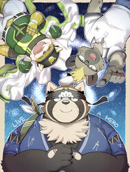  3boys animal_ears anniversary black_headband cape claws closed_eyes commentary_request copyright_name dog_boy dog_ears furry furry_male galaxy glasses hand_on_own_chest hands_on_own_chest headband highres hyena_boy hyena_ears japanese_clothes kimono kinoshita_jiroh live_a_hero looking_up lying male_focus milestone_celebration multiple_boys nose_bubble on_back pointing pointing_up procy_(live_a_hero) raccoon_boy raccoon_ears roiker_(live_a_hero) rotational_symmetry shirt shoen_(live_a_hero) sleeping snoring spiked_pauldrons star_(sky) star_(symbol) white_cape white_shirt yukata 