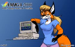  16:10 2023 amiga_(computer) anthro arm_support black_body black_fur blonde_hair blue_background blue_clothing blue_eyes blue_shirt blue_topwear bottomwear breasts canid canine cheek_tuft cleavage clothed clothing commodore_international computer copyright_symbol dated electronics eyewear facial_tuft female fox foxtober fur glasses gloves_(marking) grin hair half-closed_eyes inktober linux logo mammal markings mascot narrowed_eyes nerd pants pink_bottomwear pink_clothing pink_pants ponytail portrait protracker red_body red_fox red_fur retro_artstyle shirt signature simple_background smile solo style_emulation symbol taiarts tail tail_tuft three-quarter_portrait topwear trans_(lore) trans_woman_(lore) true_fox tuft white_body white_fur widescreen xenia_(linux) 