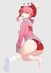  arm_support ass beret buruma eyelashes feathers female from_behind full_body gym_uniform hair_between_eyes hair_up hat hat_feather highres jacket jakuzure_nonon jiaotache kill_la_kill knees_together_feet_apart legs long_sleeves looking_at_viewer looking_back no_shoes pink_eyes pink_hair pink_jacket red_buruma red_hat shiny_clothes sidelocks simple_background single_barefoot single_sock single_vertical_stripe skull_print socks soles solo teasing thighs tongue tongue_out track_jacket translated white_background white_feathers white_socks 