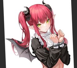  bat_wings black_horns black_wings closed_mouth commentary cosplay cuffs demon_girl demon_horns demon_wings female frilled_shirt_collar frills green_eyes handcuffs highres horns kitagawa_marin long_hair looking_at_viewer pointy_ears red_hair rizu-kyun rizu-kyun_(cosplay) solo sono_bisque_doll_wa_koi_wo_suru spider_apple symbol-only_commentary twintails upper_body wings 