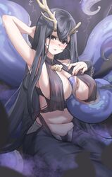  absurdres antlers arm_up armpits arms_behind_head asymmetrical_antlers asymmetrical_horns azur_lane between_breasts black_dress black_hair black_nails blush breasts chinese_commentary cleavage commentary_request deer_antlers dress female golden_hind_(azur_lane) hair_between_eyes highres horns large_breasts long_hair looking_at_viewer md5_mismatch mole mole_under_mouth navel parted_lips purple_eyes revealing_clothes signature solo stomach tentacle tongue tongue_out unique_(pixiv12704744) 