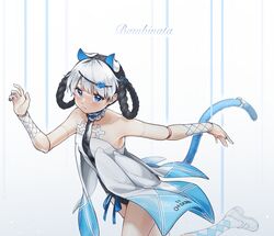  animal_ears ankle_socks argyle_clothes argyle_socks bambinata:_vitrum_(punishing:_gray_raven) bambinata_(punishing:_gray_raven) bare_arms bare_legs bare_shoulders black_hair blue_dress blue_eyes blue_nails blunt_bangs blush braid cat_ears cat_girl cat_tail character_name closed_mouth collar collarbone commentary cyborg dancing detached_collar doll_joints dress dress_shoes female freckles frilled_collar frills gradient_background hair_ornament hair_rings heart heart-shaped_pupils heart_hair_ornament highres joints kneehighs korean_commentary leotard looking_at_viewer marionette mechanical_arms mechanical_parts multicolored_clothes multicolored_hair myam_(123ab456c) nail_polish punishing:_gray_raven puppet puppet_strings ribbon socks solo symbol-shaped_pupils tail tail_ornament tail_ribbon two-tone_hair white_dress white_footwear white_hair white_socks 