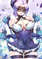  arthropod_girl artist_name bare_shoulders black_panties breasts cleavage clothes_lift cowboy_shot crystal_rose_elise darklux dress dress_lift elbow_gloves elise_(league_of_legends) english_text eye_mask female flower gem gloves green_flower hair_bun highres large_breasts league_of_legends panties parted_bangs petals pink_lips purple_dress purple_gloves shiny_clothes shiny_skin short_dress short_hair single_hair_bun solo spider_girl thighlet underwear 