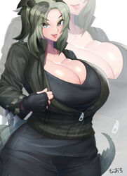  :p alternate_breast_size black_gloves black_pants braid breasts cleavage collarbone collared_jacket commentary_request cowboy_shot crocodilian_tail curvy eyelashes eyes_visible_through_hair eyeshadow female fingerless_gloves gigantic_breasts gloves green_eyes green_jacket grey_hair high_collar high_ponytail highres jacket kemono_friends large_tail long_hair makeup multicolored_hair naochi_(bobi8081) pants partial_commentary partially_unzipped saltwater_crocodile_(kemono_friends) slit_pupils solo spiked_jacket spiked_sleeves spikes tail teasing tongue tongue_out wide_hips zipper zipper_pull_tab 