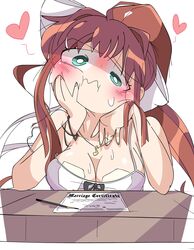  blush bow brown_hair doki_doki_literature_club flushed flustered green_eyes hand_on_chin heart junglejops monika_(doki_doki_literature_club) necklace paper pen red_hearts shirt sweat sweating white_background white_bow white_shirt 