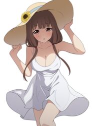  :o absurdres alternate_breast_size arms_up bare_arms blush breasts brown_eyes brown_hair cleavage collarbone coro_fae dot_nose dress feet_out_of_frame female fingernails flower hands_on_headwear hat hat_flower highres iino_miko kaguya-sama_wa_kokurasetai_~tensai-tachi_no_renai_zunousen~ large_breasts long_hair looking_at_viewer low_twintails paid_reward_available parted_lips see-through see-through_dress see-through_silhouette shade simple_background sleeveless sleeveless_dress solo standing sun_hat sundress sunflower twintails white_background white_dress wind wind_lift yellow_hat 