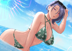  alternate_costume armpit_crease bikini blue_hair blue_sky breasts cleavage cloud criss-cross_halter english_commentary eyewear_on_head female fire_emblem fire_emblem:_three_houses glint green_bikini halterneck horizon large_breasts looking_at_viewer loose_hair_strand medium_hair open_mouth parted_bangs partially_submerged purple_eyes rinku_bny shamir_nevrand sky solo star_(symbol) star_print sunglasses swimsuit water wet 