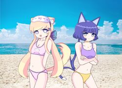  2_tails accessory animal_humanoid beach bikini bikini_bottom bikini_top blindfold blonde_hair blue_eyes blue_hair breasts cat_humanoid choker clothing crossed_arms cute_fangs duo eyemask eyewear felid felid_humanoid feline feline_humanoid female gacha_(series) gradient_eyes hair hair_accessory hair_ribbon hairclip heart_eyes heart_symbol hi_res humanoid jewelry lado_(merutoro) looking_at_viewer lunime mammal mammal_humanoid mask multi_tail navel necklace open_mouth ponytail ribbons seaside senpaibuns sleep_mask swimwear tail unknown_artist water whiskers 