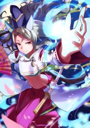  absurdres animal_ears commentary_request ear_covers female freely2327 hand_fan highres horse_ears horse_girl japanese_clothes king_halo_(my_dance_coming_around)_(umamusume) king_halo_(umamusume) midriff official_alternate_costume smile solo umamusume weapon 