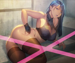  ass black_gloves black_panties black_shirt black_thighhighs blue_eyes blue_hair breasts bridal_gauntlets commentary_request crop_top elbow_rest female gloves halterneck highres homare_(fool&#039;s_art) large_breasts lips long_hair looking_at_viewer lying on_side original panties parted_lips partial_commentary shirt solo tan thighhighs thong underwear 