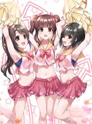  3girls ahoge armpits arms_up arrow_(symbol) black_hair blue_sports_bra bow bowtie breasts brown_eyes brown_hair cheerleader commentary hair_between_eyes hairbow highres holding holding_pom_poms idolmaster idolmaster_cinderella_girls kohinata_miho legs light_blush long_hair looking_at_viewer medium_breasts medium_hair multiple_girls navel ogata_chieri open_mouth paopao pink_background pink_bow pink_bowtie pink_shirt pink_skirt pleated_skirt pom_pom_(cheerleading) ponytail profile red_bow sailor_collar shimamura_uzuki shirt short_hair sidelocks skirt sleeveless sleeveless_shirt smile socks sports_bra star_(symbol) stomach thighs twintails underwear white_socks yellow_sailor_collar 