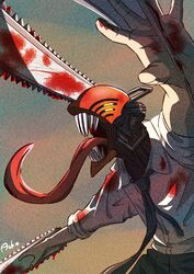  1boy asuka_(pixiv82529874) black_necktie blood blood_on_clothes blood_on_weapon chainsaw_man denji_(chainsaw_man) highres necktie open_mouth shirt solo tongue tongue_out weapon white_shirt yellow_eyes 