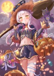  absurdres arched_bangs black_gloves black_headwear blush breasts broom candy capelet commentary female food gloves grey_hair grey_shirt hair_bun halloween halloween_bucket hat highres holding holding_broom hololive long_hair looking_at_viewer murasaki_shion murasaki_shion_(1st_costume) ponzakuro0116 purple_capelet purple_skirt shiokko_(murasaki_shion) shirt sidelocks single_hair_bun skirt small_breasts smile striped_clothes striped_shirt vertical-striped_clothes vertical-striped_shirt virtual_youtuber witch_hat yellow_eyes 