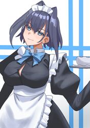  absurdres alternate_costume apron black_shirt blue_bow blue_eyes blue_hair blush bow breasts button_gap collared_shirt dress_shirt enmaided female hair_between_eyes hair_intakes head_tilt highres holding holding_tray hololive hololive_english large_breasts long_sleeves looking_at_viewer maid maid_apron maid_headdress mizuhasi ouro_kronii partially_unbuttoned puffy_sleeves shirt short_hair smile solo tray virtual_youtuber 