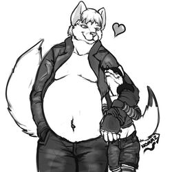  1:1 2014 anthro belly big_belly bottomwear canid canine cheshire_cat_(species) clothing domestic_cat duo fan_character felid feline felis fox fur greyscale heart_symbol hybrid jacket legwear looking_at_another male mammal monochrome moobs navel nommz obese obese_anthro obese_male overweight overweight_anthro overweight_male pants shard_artel shorts side_hug tail topwear 