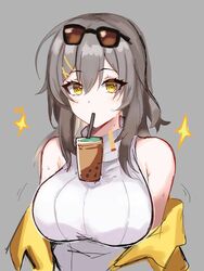  bad_id bad_twitter_id bare_shoulders breasts bubble_tea bubble_tea_challenge closed_mouth cup disposable_cup drinking drinking_straw english_commentary eyewear_on_head female grey_background grey_hair hair_between_eyes hair_ornament hairpin highres honkai:_star_rail honkai_(series) jacket large_breasts long_hair looking_at_viewer mini2chainz official_alternate_costume open_clothes open_jacket sidelocks simple_background sleeveless sleeveless_sweater solo star_(symbol) stelle_(honkai:_star_rail) stelle_(world_tour_2023)_(honkai:_star_rail) sunglasses sweat sweater trailblazer_(honkai:_star_rail) turtleneck turtleneck_sweater white_sweater x_hair_ornament yellow_eyes yellow_jacket 