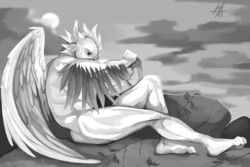  3:2 4_ears anthro avali bodily_fluids cloud crying detailed_background fallen_angel_(painting) feathered_wings feathers inspired_by_formal_art male monochrome multi_ear mynnothepen outside rock simple_background solo sun tears tiskanomicon winged_arms wings 