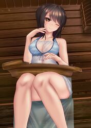  bikini blue_bikini blush breasts brown_eyes brown_hair cleavage closed_mouth commentary_request commission female girls_und_panzer halterneck head_tilt highres holding holding_instrument indoors instrument kantele long_hair looking_at_viewer medium_breasts mika_(girls_und_panzer) one_eye_closed partial_commentary pixiv_commission sauna shounen_(hogehoge) smile solo striped_bikini striped_clothes swimsuit wooden_wall 