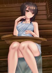  blue_towel brown_eyes brown_hair commentary_request commission female girls_und_panzer head_tilt highres holding holding_instrument indoors instrument kantele long_hair looking_at_viewer mika_(girls_und_panzer) naked_towel parted_lips partial_commentary pixiv_commission sauna shounen_(hogehoge) solo towel wooden_wall 