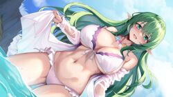  :d anastigal_elmar_engel_berglund bare_shoulders bikini blush breasts cleavage english_commentary female frilled_bikini frills green_eyes green_hair highres iris_mysteria! large_breasts long_hair long_sleeves looking_at_viewer masaki_nanaya mixed-language_commentary navel off_shoulder open_mouth outdoors pointy_ears sideboob smile solo stomach swimsuit thighs underboob wading water white_bikini 