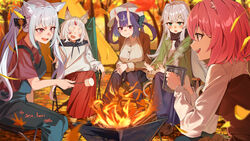  5girls a.o_(virtual_hertz) absurdres animal_ear_fluff animal_ears autumn_leaves blurry blurry_background blush breasts campfire commission cup e.que_(virtual_hertz) fox_ears fox_girl green_eyes grey_hair gumi_(virtual_hertz) highres holding holding_cup horns ibaraki_shun large_breasts long_hair mole mole_under_eye multiple_girls nina_(virtual_hertz) oerba_yun_fang oni_horns open_mouth pink_hair purple_hair red_eyes roasted_marshmallow scarf short_hair shune_(virtual_hertz) sitting skeb_commission sleeping smile tent twintails virtual_hertz virtual_youtuber 