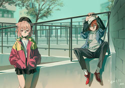  2girls absurdres animal_ears black_choker blue_eyes blurry blurry_background brown_eyes brown_hair choker commentary_request commission hands_in_pockets hat highres hood hood_up ibaraki_shun jacket looking_at_viewer multicolored_hair multiple_girls open_clothes open_jacket original outdoors railing short_hair sitting skeb_commission standing streaked_hair tree 