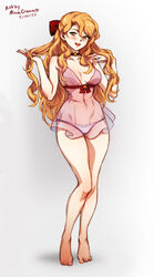  2022 artist_name babydoll barefoot breasts choker dated english_commentary female ferdinand_von_aegir fire_emblem fire_emblem:_three_houses genderswap_(mtf) grey_background hair_between_eyes long_hair medium_breasts mina_cream open_mouth orange_eyes orange_hair panties rule_63 see-through simple_background solo tongue underwear white_panties 