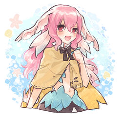  :d black_bow black_bowtie blush bow bowtie brown_capelet capelet female fins flower hair_between_eyes hand_up head_fins long_hair looking_at_viewer mikan_tabetai navel open_mouth persia_(rune_factory) pink_eyes pink_flower pink_hair rune_factory rune_factory_3 shell smile solo 