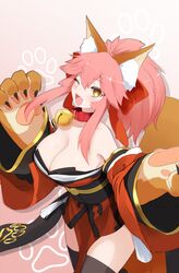  ;d absurdres animal_ear_fluff animal_ears animal_hands ariyoshi_gen bare_shoulders bell black_thighhighs blush bow breasts cleavage collar collarbone commentary_request commission detached_sleeves fate/extra fate/grand_order fate_(series) female fox_ears fox_girl fox_tail gloves hair_between_eyes hairbow highres japanese_clothes jingle_bell kimono large_breasts long_hair looking_at_viewer neck_bell obi oerba_yun_fang one_eye_closed open_mouth paw_gloves pink_hair ponytail red_bow red_kimono sash sidelocks skeb_commission skin_fang smile solo tail tamamo_(fate) tamamo_cat_(fate) tamamo_cat_(first_ascension)_(fate) tassel thighhighs thighs wide_sleeves yellow_eyes 