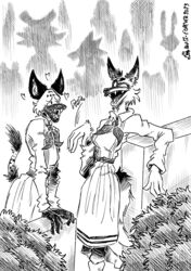  4_fingers abstract_background absurd_res anthro beastars black_and_white blush canid canine canis clothed clothing coyote durham_(beastars) female female/female fingers flirting fully_clothed fur heart_symbol hi_res hyena mammal markings miguno_(beastars) monochrome mtf_crossgender plant romantic rule_63 shrub sketchy small_waist smile smiling_at_each_other smiling_at_partner spots spotted_body spotted_fur spotted_hyena teeth yanisp5 